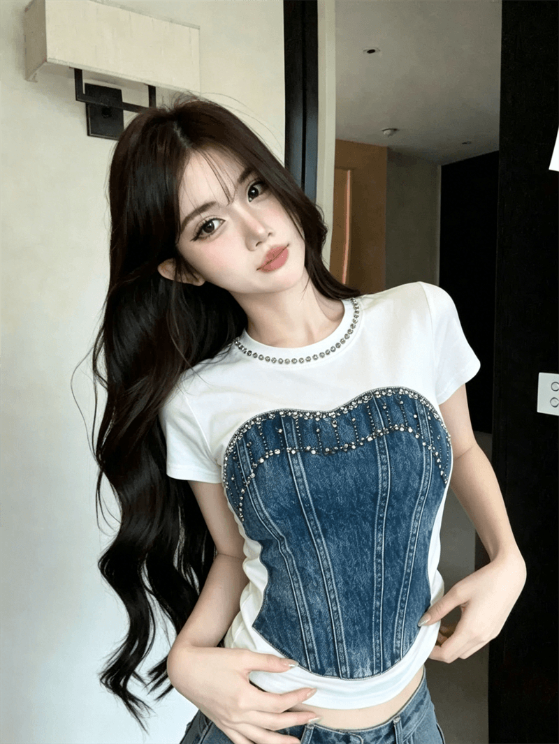 실사 여름 라운드 넥 패치워크 핫픽스 몸매 가꾸기 반팔 맨위 핫걸 쇼트 스타일 가짜 2 피스 슈트 홀치기 염색 티셔츠 상세 이미지 4