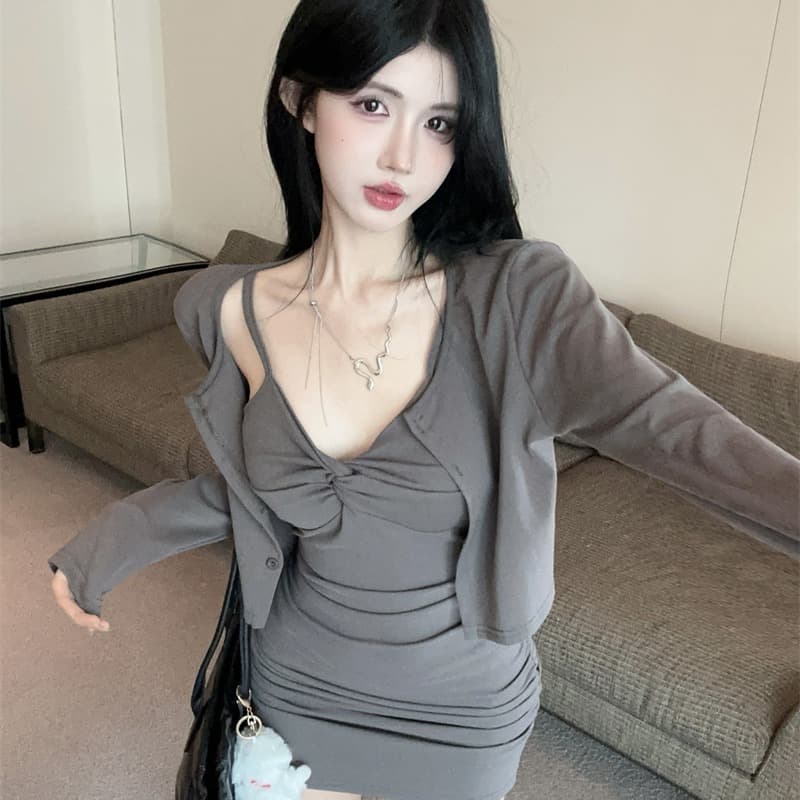 실사 봄 가을 x 종류 낮음 V넥 섹시함 타이트 스커트 슬립 드레스 쇼트 스타일 긴팔 오픈 가디건 숄 투피스 세트 이미지 5