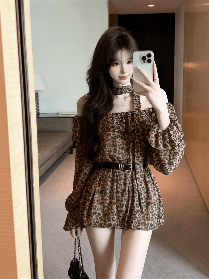 실사 봄 가을 프랑스식 보트넥 달콤함 허리 수축 스카프 중간 길이 티셔츠 순수한 욕망 바람 레오파드 무늬 긴팔 드레스 상세 이미지 19