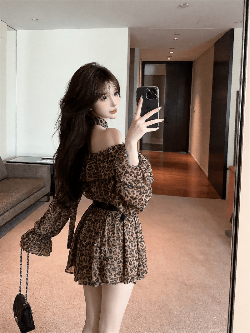 실사 봄 가을 프랑스식 보트넥 달콤함 허리 수축 스카프 중간 길이 티셔츠 순수한 욕망 바람 레오파드 무늬 긴팔 드레스 상세 이미지 28