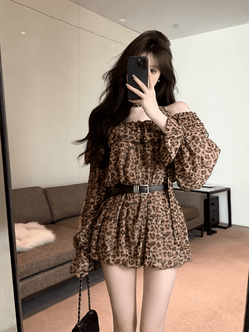 실사 봄 가을 프랑스식 보트넥 달콤함 허리 수축 스카프 중간 길이 티셔츠 순수한 욕망 바람 레오파드 무늬 긴팔 드레스 상세 이미지 31
