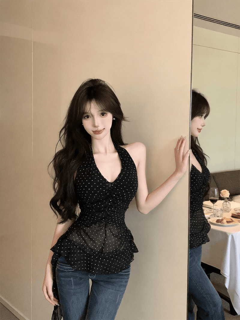 여름 프랑스식 V넥 패치워크 백리스 쇼트 스타일 허리 수축 순수한 욕망 바람 티셔츠 섹시함 행침 목 스타일 레오파드 무늬 불규칙 조끼 상세 이미지 9