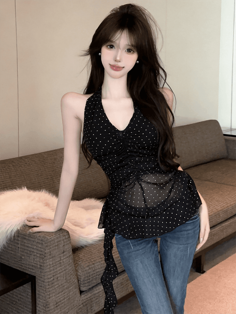 여름 프랑스식 V넥 패치워크 백리스 쇼트 스타일 허리 수축 순수한 욕망 바람 티셔츠 섹시함 행침 목 스타일 레오파드 무늬 불규칙 조끼 상세 이미지 13