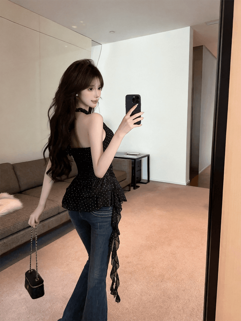 여름 프랑스식 V넥 패치워크 백리스 쇼트 스타일 허리 수축 순수한 욕망 바람 티셔츠 섹시함 행침 목 스타일 레오파드 무늬 불규칙 조끼 상세 이미지 19