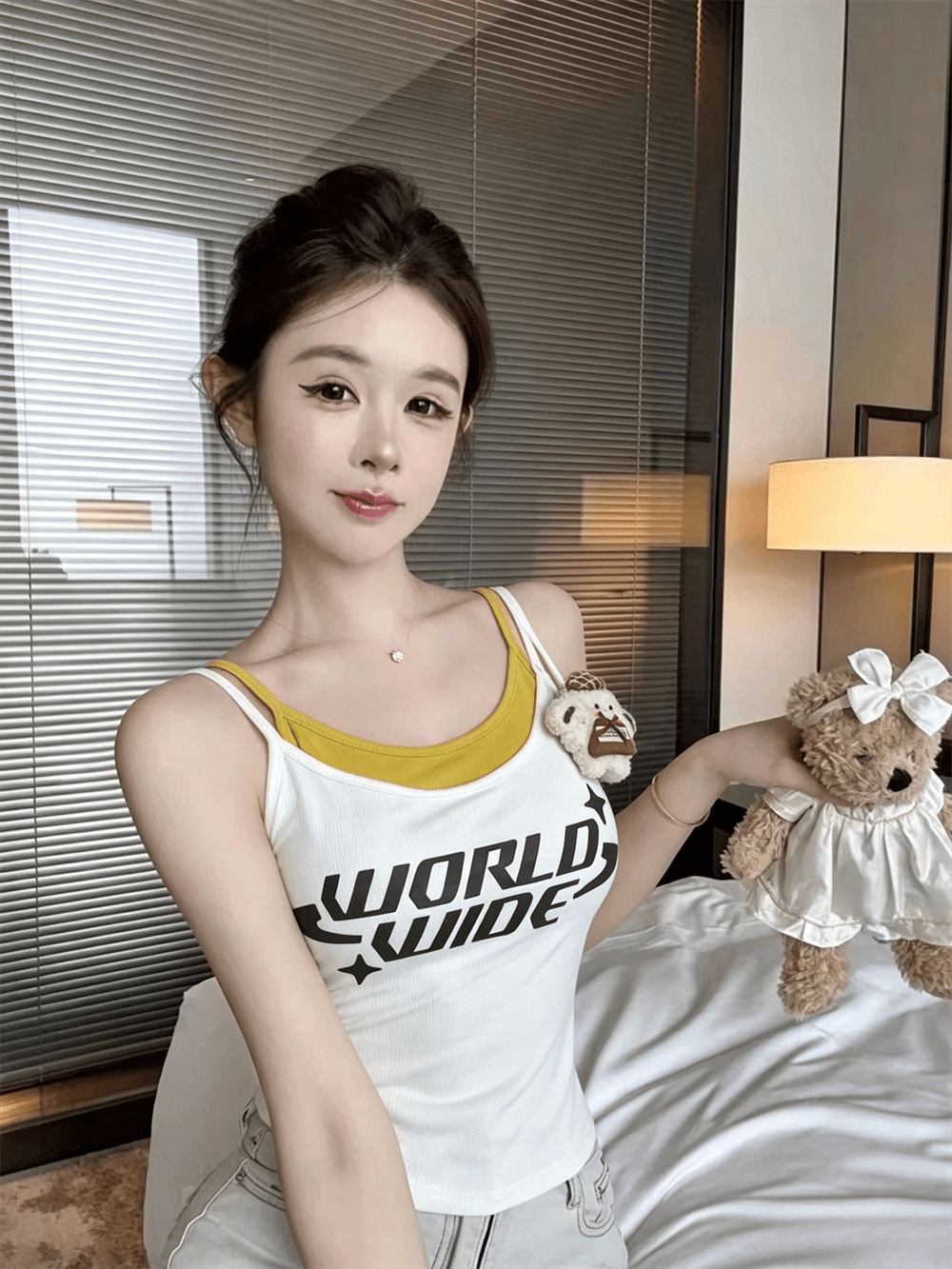 실사 여름 섹시함 보트넥 패치워크 포장 가슴 페이크 레이어드 쇼트 스타일 튜브탑 종류 작은 곰 순수한 욕망 바람 조끼 슬립 이미지 2