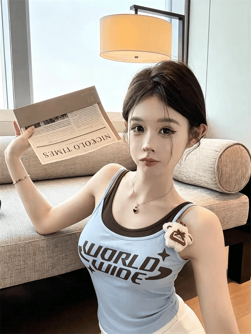 실사 여름 섹시함 보트넥 패치워크 포장 가슴 페이크 레이어드 쇼트 스타일 튜브탑 종류 작은 곰 순수한 욕망 바람 조끼 슬립 상세 이미지 2