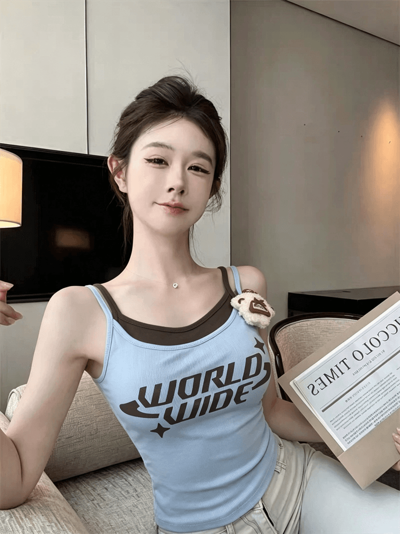 실사 여름 섹시함 보트넥 패치워크 포장 가슴 페이크 레이어드 쇼트 스타일 튜브탑 종류 작은 곰 순수한 욕망 바람 조끼 슬립 상세 이미지 3