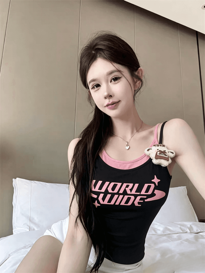 실사 여름 섹시함 보트넥 패치워크 포장 가슴 페이크 레이어드 쇼트 스타일 튜브탑 종류 작은 곰 순수한 욕망 바람 조끼 슬립 상세 이미지 15