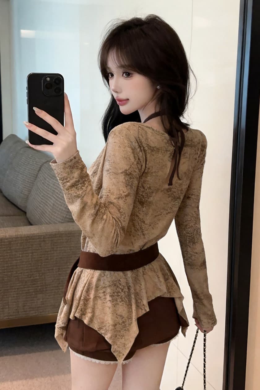 실사 가을 프랑스식 행침 목 종류 흔들다 칼라 패치워크 긴팔 튜브탑 종류 가짜 2 피스 슈트 불규칙 순수한 욕망 바람 티셔츠 이미지 6
