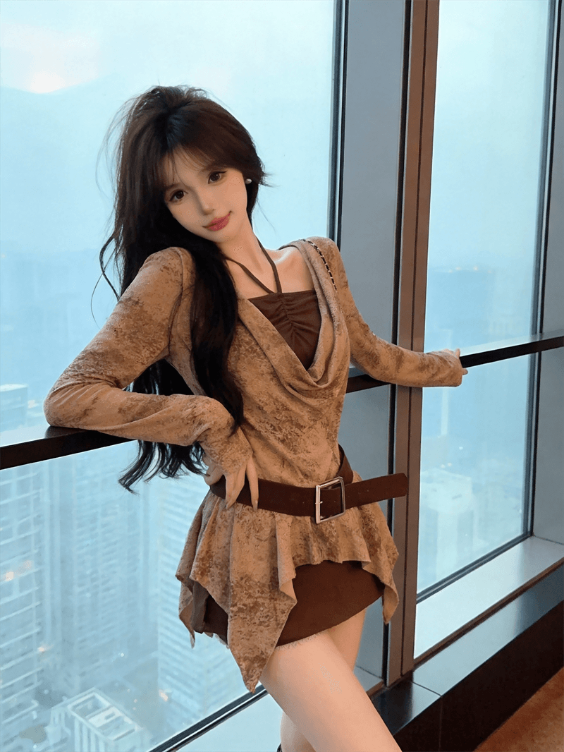 실사 가을 프랑스식 행침 목 종류 흔들다 칼라 패치워크 긴팔 튜브탑 종류 가짜 2 피스 슈트 불규칙 순수한 욕망 바람 티셔츠 상세 이미지 4
