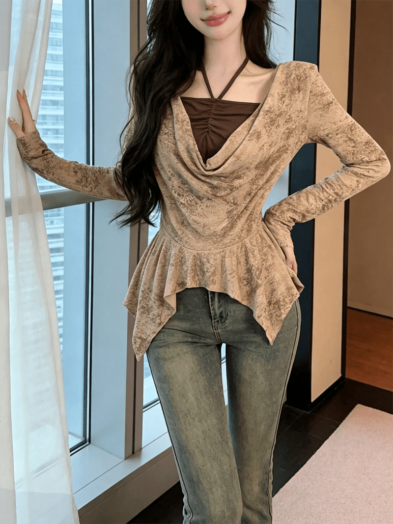 실사 가을 프랑스식 행침 목 종류 흔들다 칼라 패치워크 긴팔 튜브탑 종류 가짜 2 피스 슈트 불규칙 순수한 욕망 바람 티셔츠 상세 이미지 8