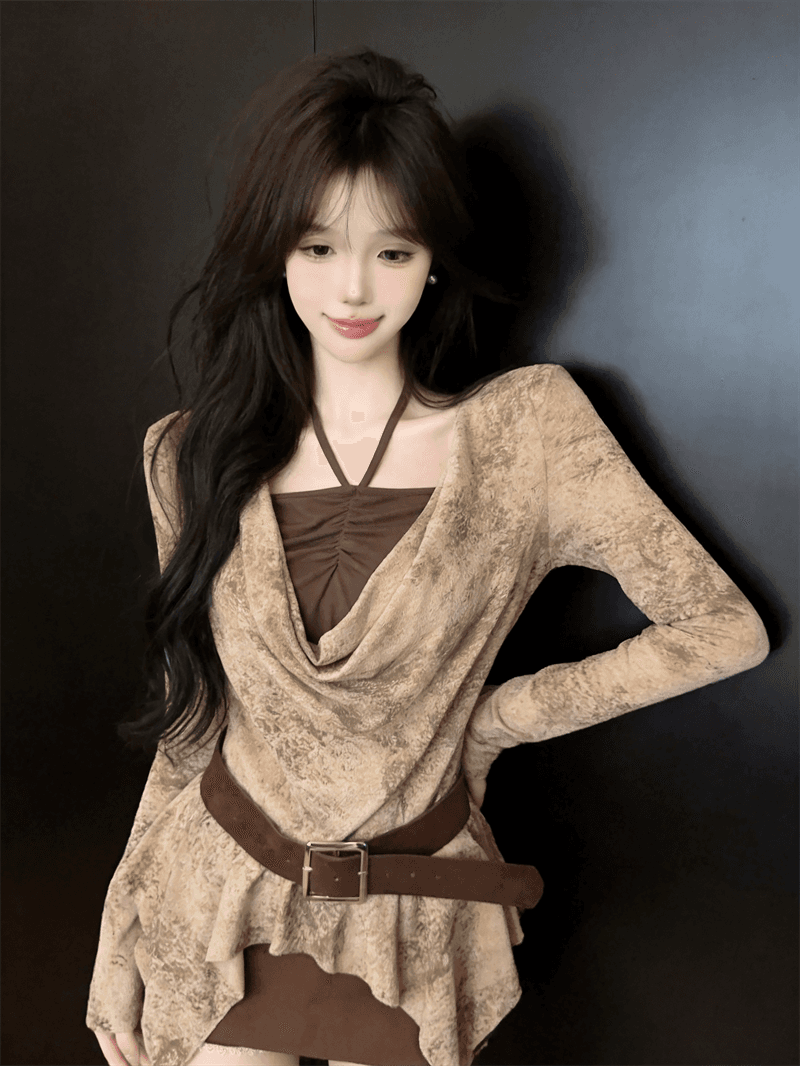 실사 가을 프랑스식 행침 목 종류 흔들다 칼라 패치워크 긴팔 튜브탑 종류 가짜 2 피스 슈트 불규칙 순수한 욕망 바람 티셔츠 상세 이미지 9