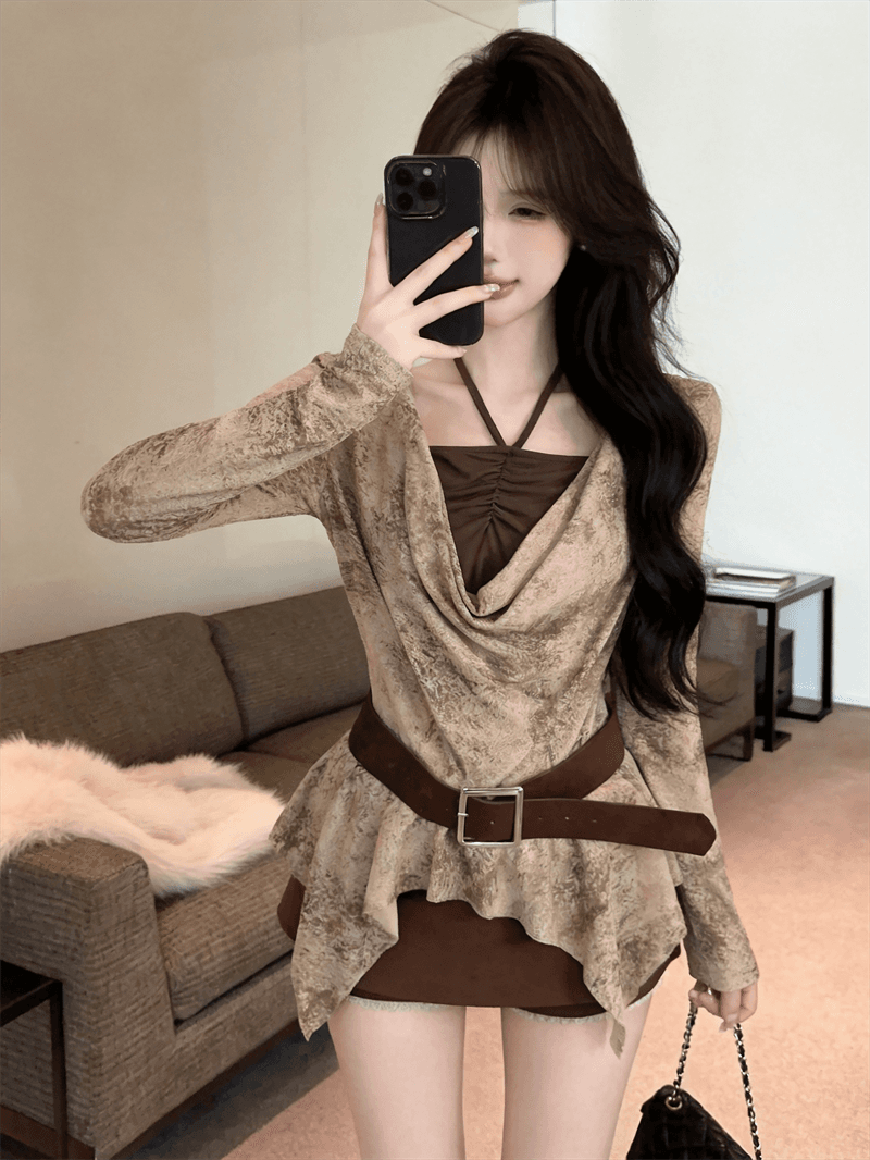 실사 가을 프랑스식 행침 목 종류 흔들다 칼라 패치워크 긴팔 튜브탑 종류 가짜 2 피스 슈트 불규칙 순수한 욕망 바람 티셔츠 상세 이미지 12