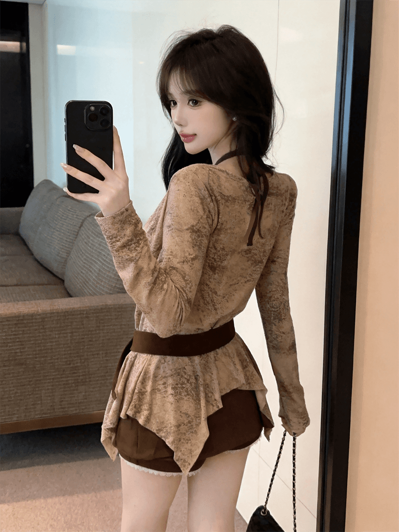 실사 가을 프랑스식 행침 목 종류 흔들다 칼라 패치워크 긴팔 튜브탑 종류 가짜 2 피스 슈트 불규칙 순수한 욕망 바람 티셔츠 상세 이미지 13