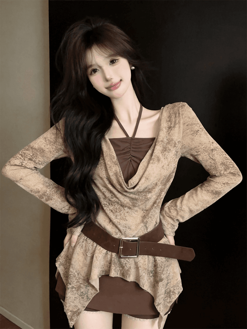 실사 가을 프랑스식 행침 목 종류 흔들다 칼라 패치워크 긴팔 튜브탑 종류 가짜 2 피스 슈트 불규칙 순수한 욕망 바람 티셔츠 상세 이미지 14