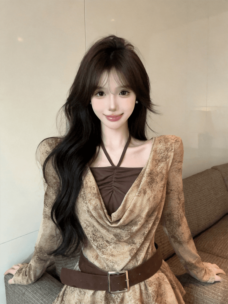 실사 가을 프랑스식 행침 목 종류 흔들다 칼라 패치워크 긴팔 튜브탑 종류 가짜 2 피스 슈트 불규칙 순수한 욕망 바람 티셔츠 상세 이미지 16