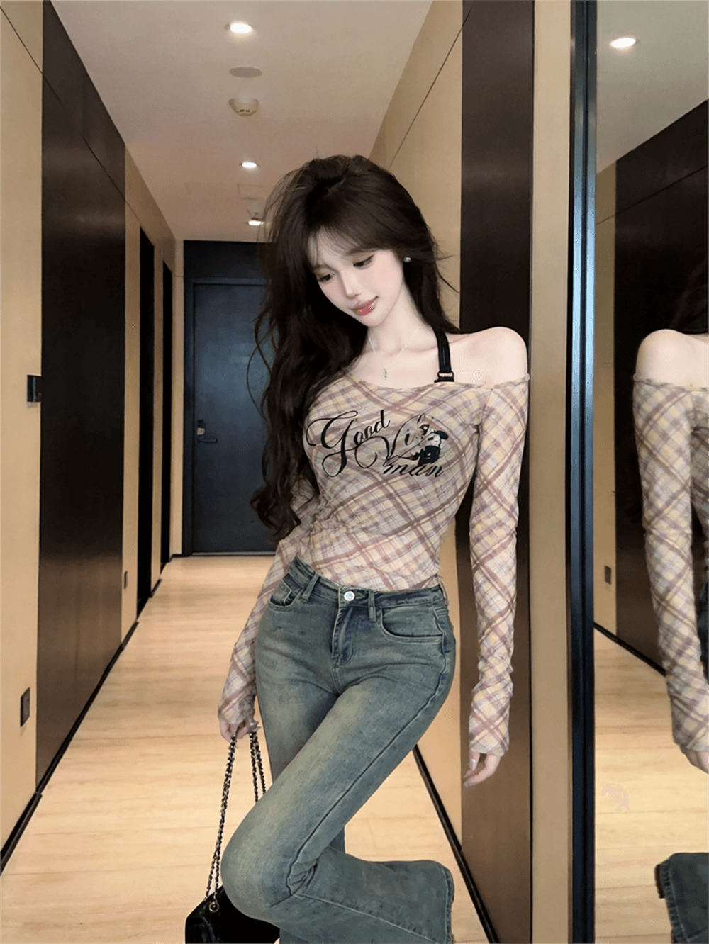 실사 가을 낮음 라운드 넥 홀로우 아웃 긴팔 몸매 가꾸기 링 그리드 자외선 차단 티셔츠 섹시한 아름다움 가슴 조끼 핫걸 투피스 세트 이미지 2