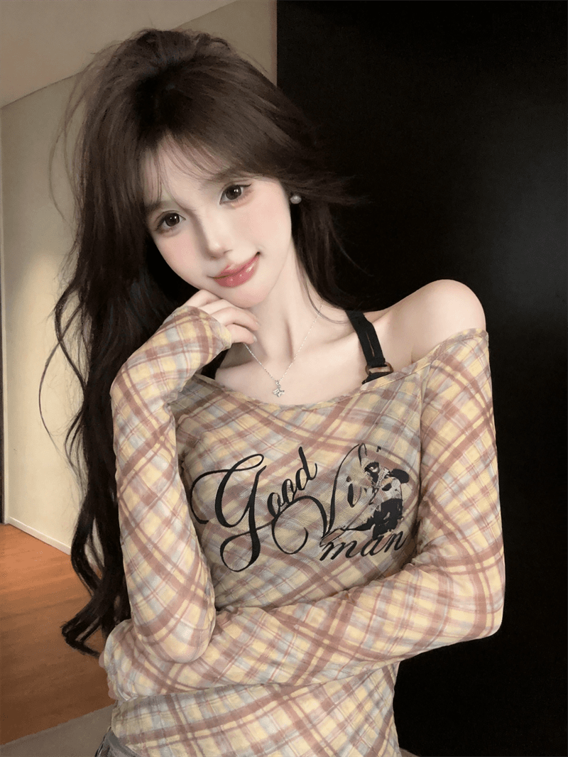 실사 가을 낮음 라운드 넥 홀로우 아웃 긴팔 몸매 가꾸기 링 그리드 자외선 차단 티셔츠 섹시한 아름다움 가슴 조끼 핫걸 투피스 세트 상세 이미지 5