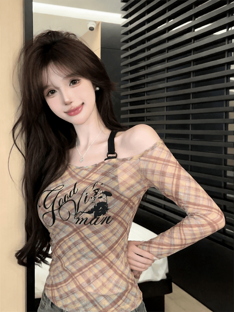 실사 가을 낮음 라운드 넥 홀로우 아웃 긴팔 몸매 가꾸기 링 그리드 자외선 차단 티셔츠 섹시한 아름다움 가슴 조끼 핫걸 투피스 세트 상세 이미지 7