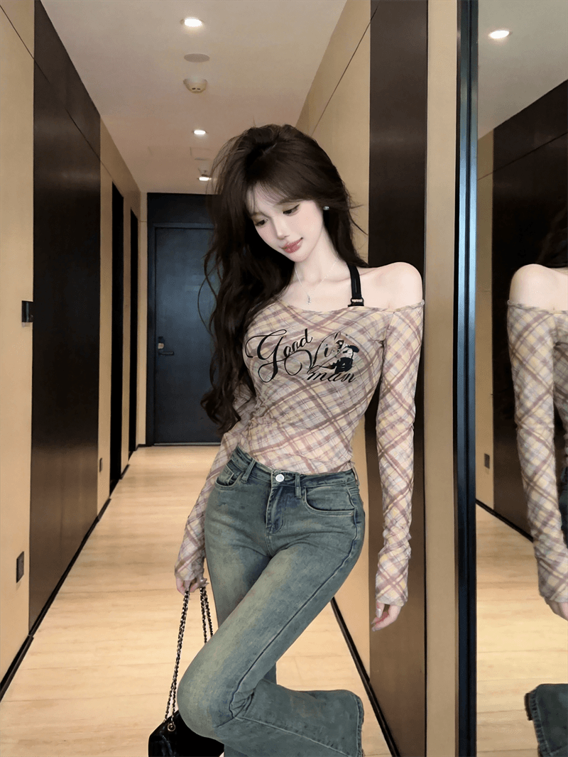 실사 가을 낮음 라운드 넥 홀로우 아웃 긴팔 몸매 가꾸기 링 그리드 자외선 차단 티셔츠 섹시한 아름다움 가슴 조끼 핫걸 투피스 세트 상세 이미지 8
