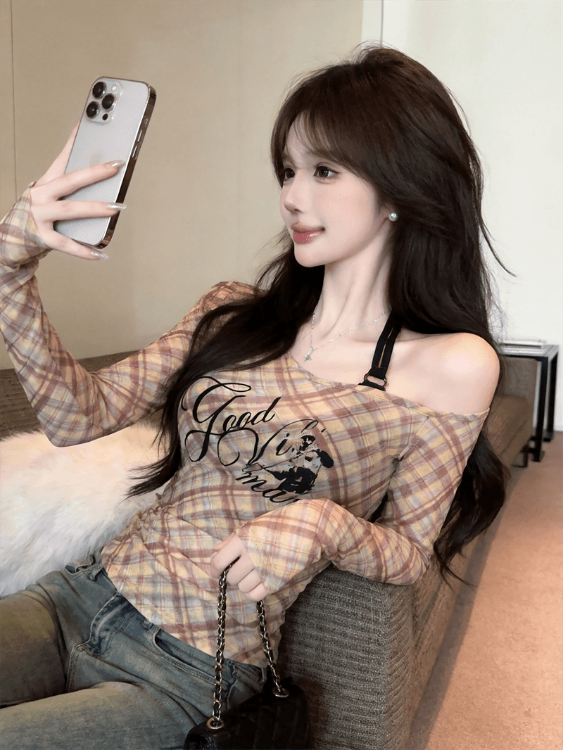 실사 가을 낮음 라운드 넥 홀로우 아웃 긴팔 몸매 가꾸기 링 그리드 자외선 차단 티셔츠 섹시한 아름다움 가슴 조끼 핫걸 투피스 세트 상세 이미지 9