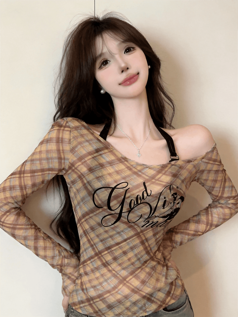 실사 가을 낮음 라운드 넥 홀로우 아웃 긴팔 몸매 가꾸기 링 그리드 자외선 차단 티셔츠 섹시한 아름다움 가슴 조끼 핫걸 투피스 세트 상세 이미지 10