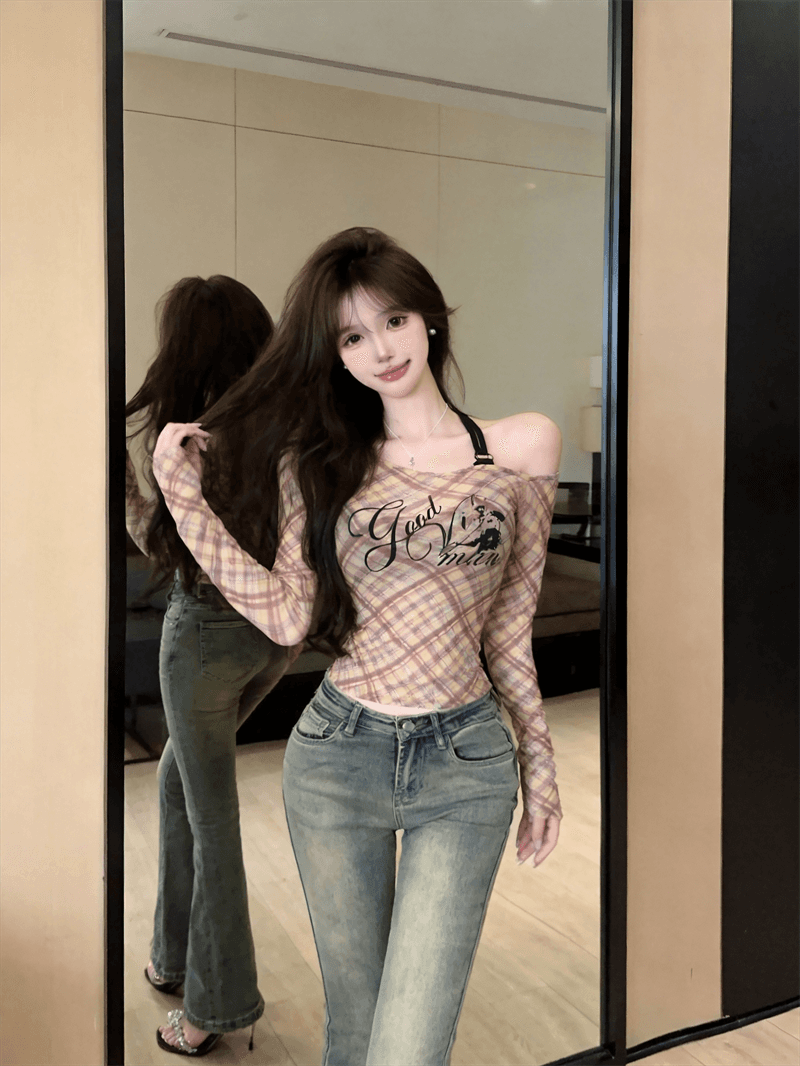 실사 가을 낮음 라운드 넥 홀로우 아웃 긴팔 몸매 가꾸기 링 그리드 자외선 차단 티셔츠 섹시한 아름다움 가슴 조끼 핫걸 투피스 세트 상세 이미지 11