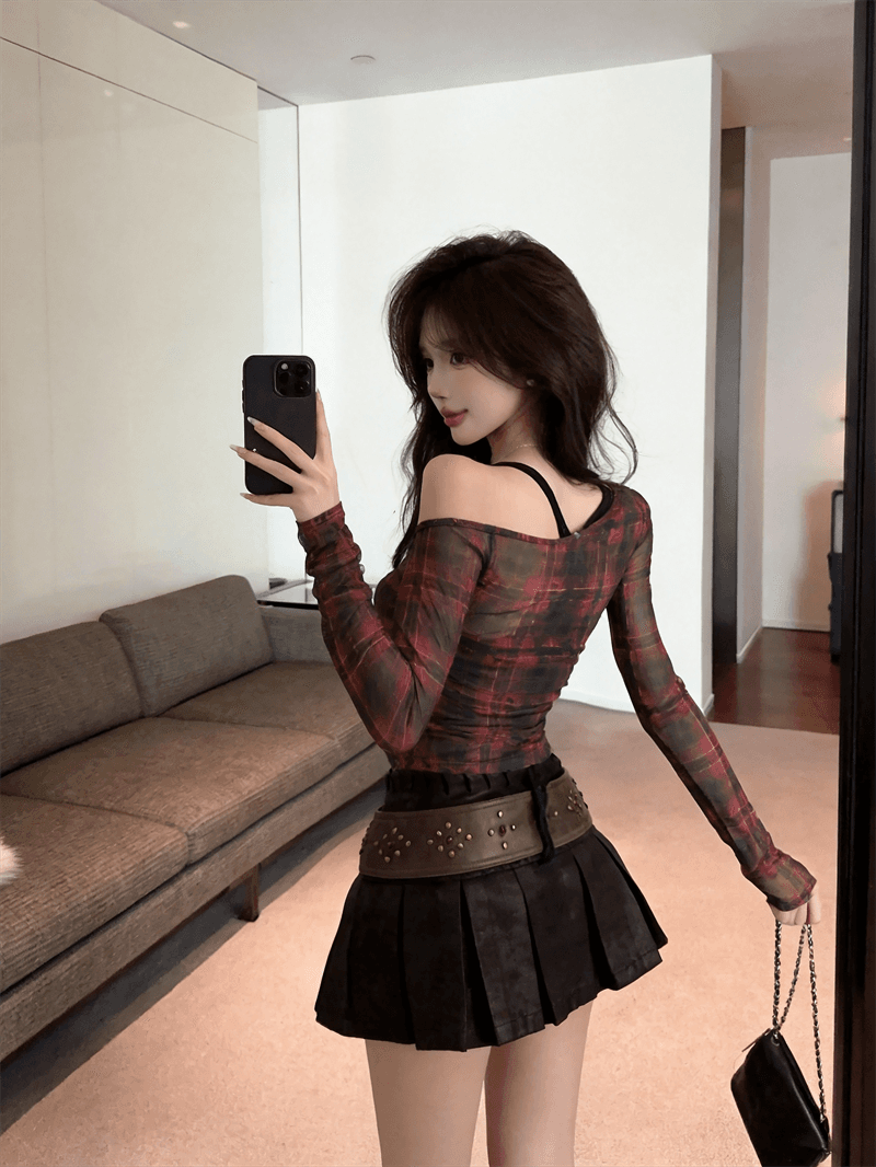 실사 가을 낮음 라운드 넥 홀로우 아웃 긴팔 몸매 가꾸기 링 그리드 자외선 차단 티셔츠 섹시한 아름다움 가슴 조끼 핫걸 투피스 세트 상세 이미지 12