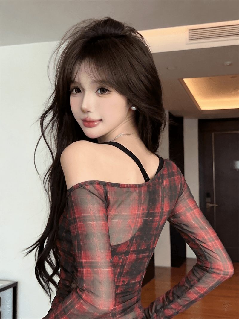 실사 가을 낮음 라운드 넥 홀로우 아웃 긴팔 몸매 가꾸기 링 그리드 자외선 차단 티셔츠 섹시한 아름다움 가슴 조끼 핫걸 투피스 세트 상세 이미지 17