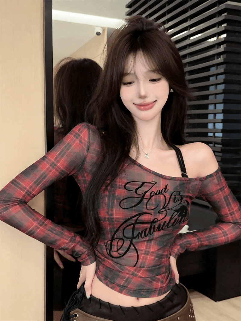 실사 가을 낮음 라운드 넥 홀로우 아웃 긴팔 몸매 가꾸기 링 그리드 자외선 차단 티셔츠 섹시한 아름다움 가슴 조끼 핫걸 투피스 세트 상세 이미지 19