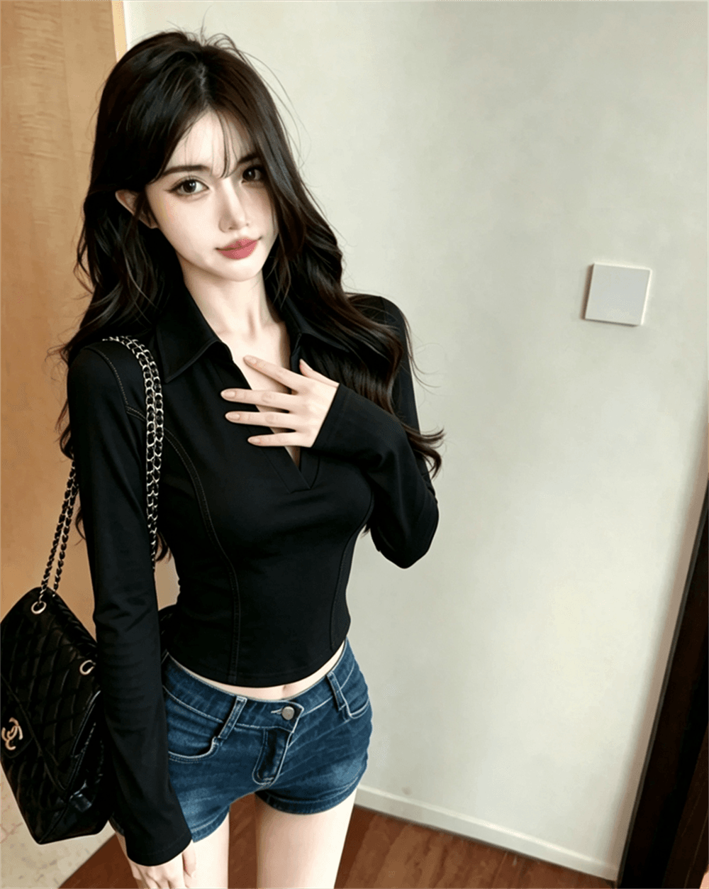 실사 가을 순수한 욕망 디자인 센스 패치워크 반 개방 칼라 몸매 가꾸기 슬림해 보이는 긴팔 불규칙 핫걸 쇼트 스타일 티셔츠 이미지 2