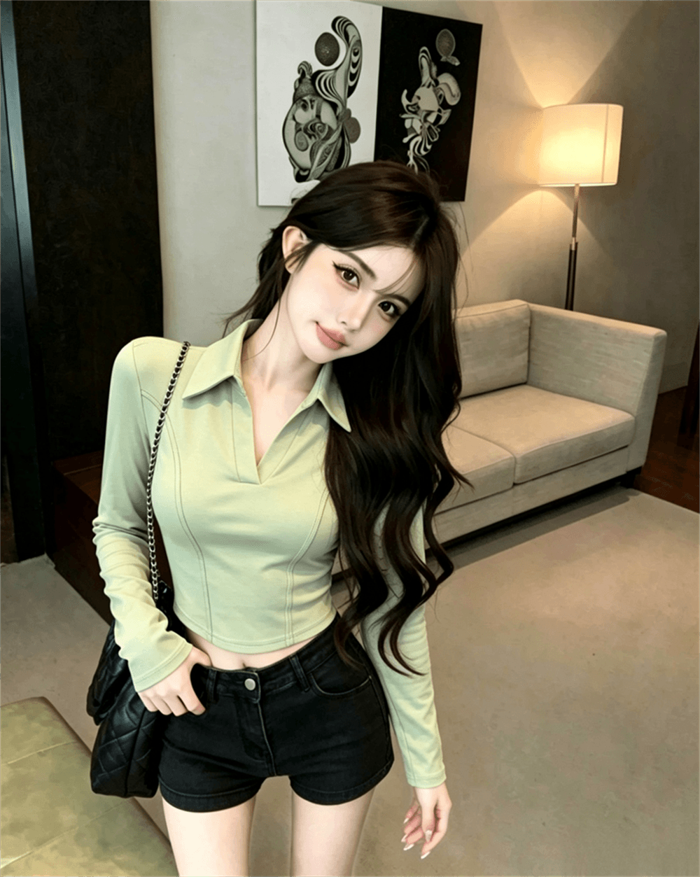 실사 가을 순수한 욕망 디자인 센스 패치워크 반 개방 칼라 몸매 가꾸기 슬림해 보이는 긴팔 불규칙 핫걸 쇼트 스타일 티셔츠 이미지 3