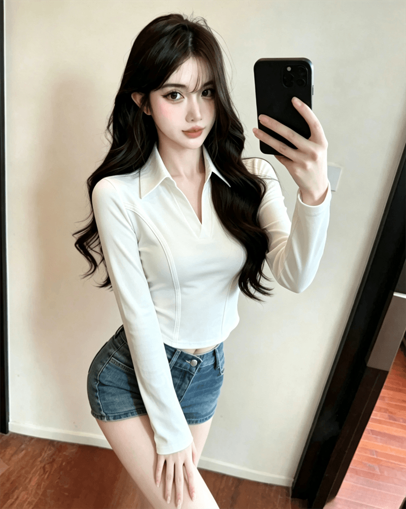 실사 가을 순수한 욕망 디자인 센스 패치워크 반 개방 칼라 몸매 가꾸기 슬림해 보이는 긴팔 불규칙 핫걸 쇼트 스타일 티셔츠 상세 이미지 1