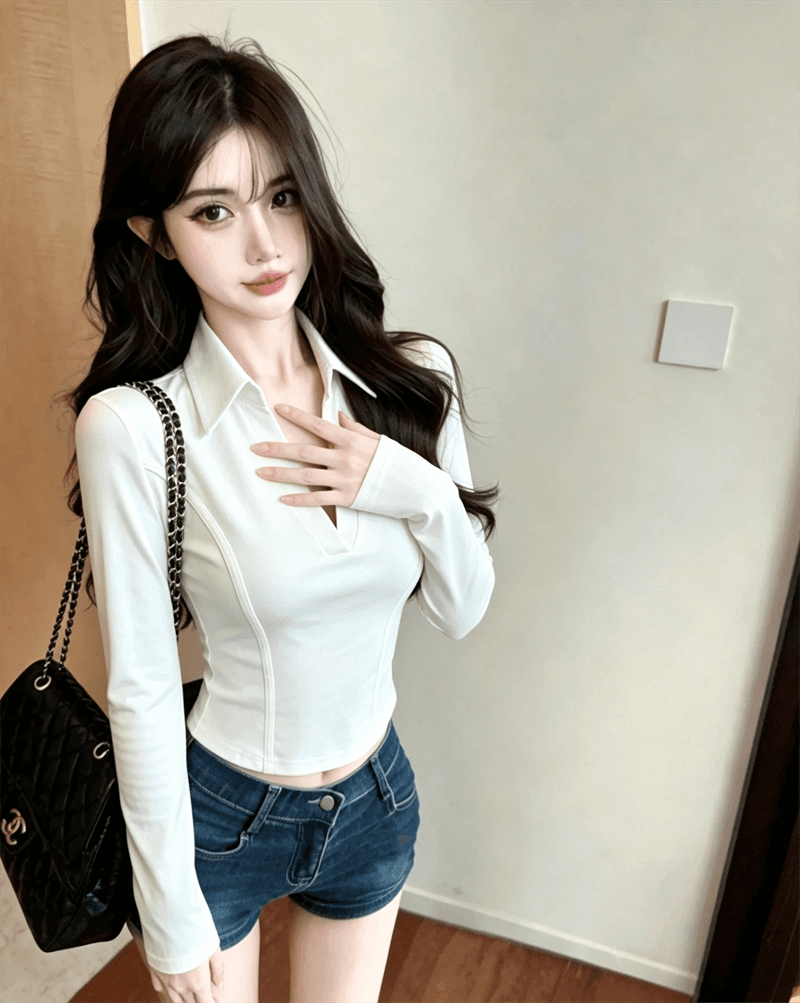 실사 가을 순수한 욕망 디자인 센스 패치워크 반 개방 칼라 몸매 가꾸기 슬림해 보이는 긴팔 불규칙 핫걸 쇼트 스타일 티셔츠 상세 이미지 2
