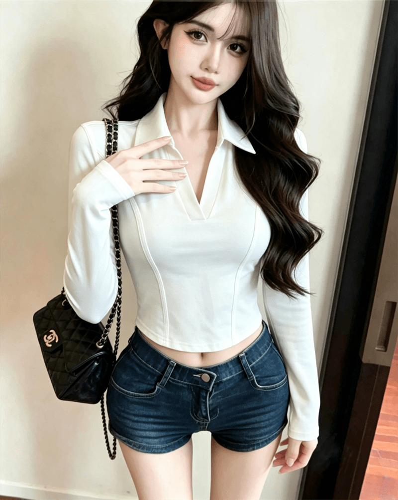 실사 가을 순수한 욕망 디자인 센스 패치워크 반 개방 칼라 몸매 가꾸기 슬림해 보이는 긴팔 불규칙 핫걸 쇼트 스타일 티셔츠 상세 이미지 3