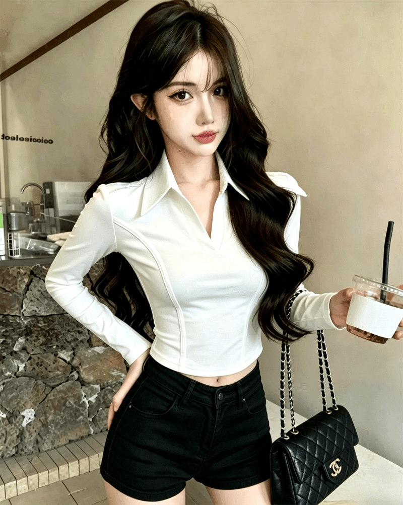 실사 가을 순수한 욕망 디자인 센스 패치워크 반 개방 칼라 몸매 가꾸기 슬림해 보이는 긴팔 불규칙 핫걸 쇼트 스타일 티셔츠 상세 이미지 6