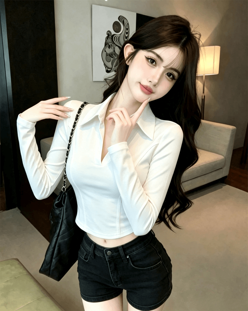 실사 가을 순수한 욕망 디자인 센스 패치워크 반 개방 칼라 몸매 가꾸기 슬림해 보이는 긴팔 불규칙 핫걸 쇼트 스타일 티셔츠 상세 이미지 7