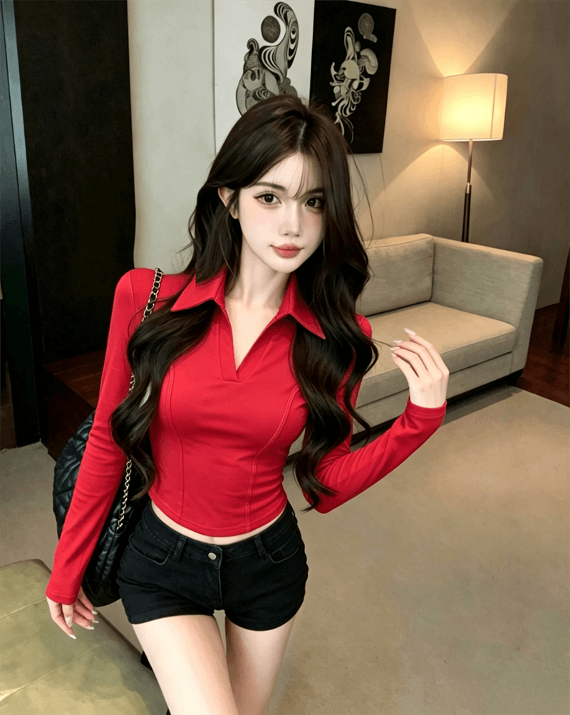 실사 가을 순수한 욕망 디자인 센스 패치워크 반 개방 칼라 몸매 가꾸기 슬림해 보이는 긴팔 불규칙 핫걸 쇼트 스타일 티셔츠 상세 이미지 12