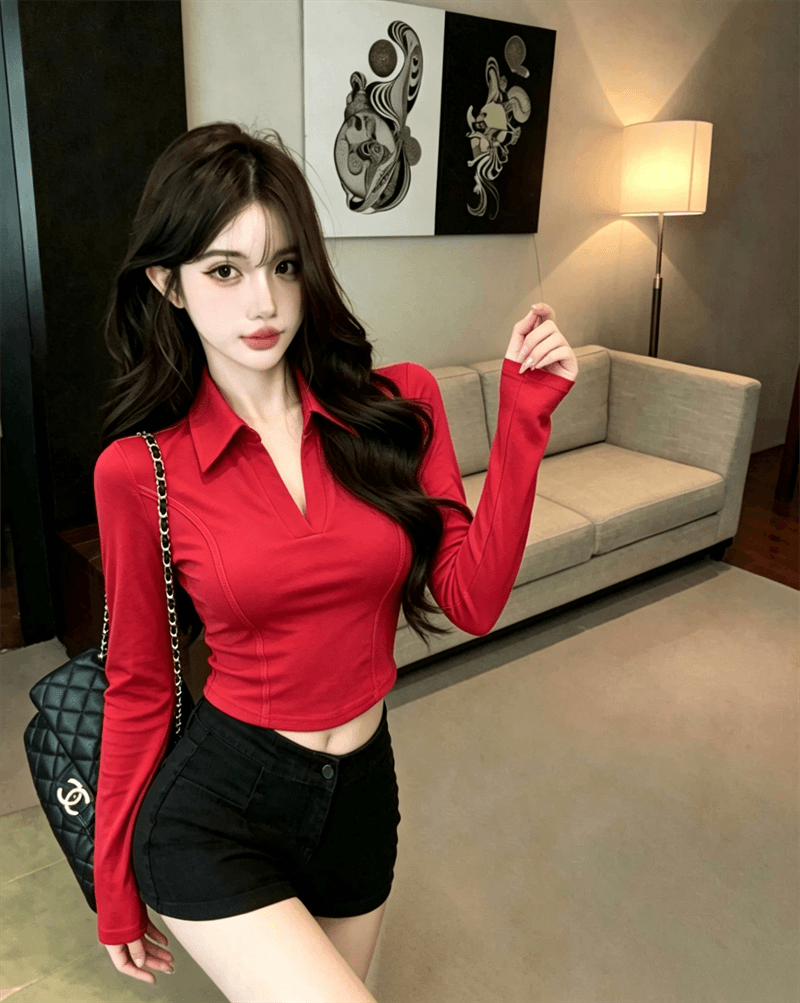 실사 가을 순수한 욕망 디자인 센스 패치워크 반 개방 칼라 몸매 가꾸기 슬림해 보이는 긴팔 불규칙 핫걸 쇼트 스타일 티셔츠 상세 이미지 14