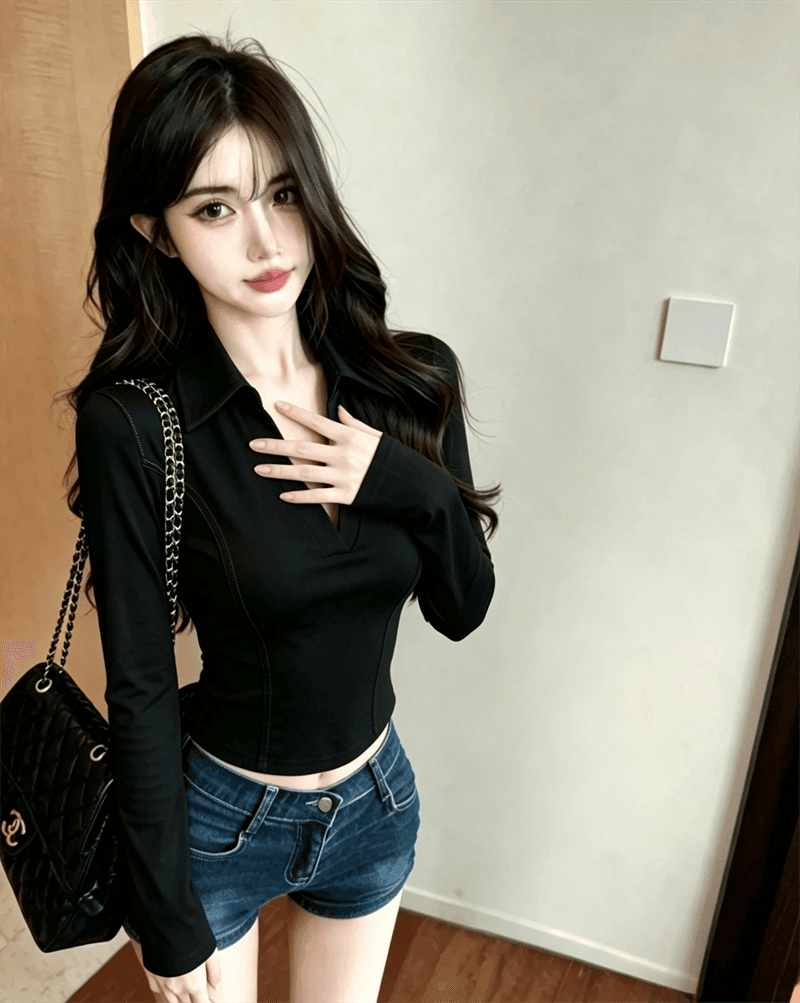 실사 가을 순수한 욕망 디자인 센스 패치워크 반 개방 칼라 몸매 가꾸기 슬림해 보이는 긴팔 불규칙 핫걸 쇼트 스타일 티셔츠 상세 이미지 15