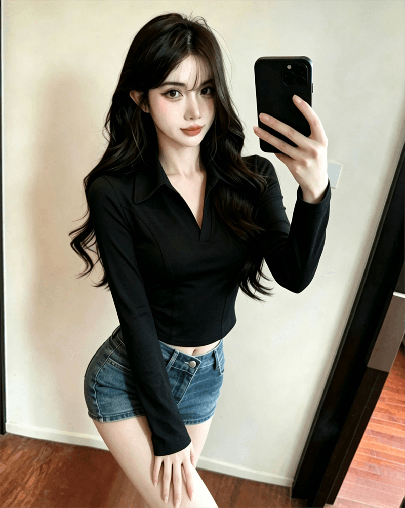 실사 가을 순수한 욕망 디자인 센스 패치워크 반 개방 칼라 몸매 가꾸기 슬림해 보이는 긴팔 불규칙 핫걸 쇼트 스타일 티셔츠 상세 이미지 16