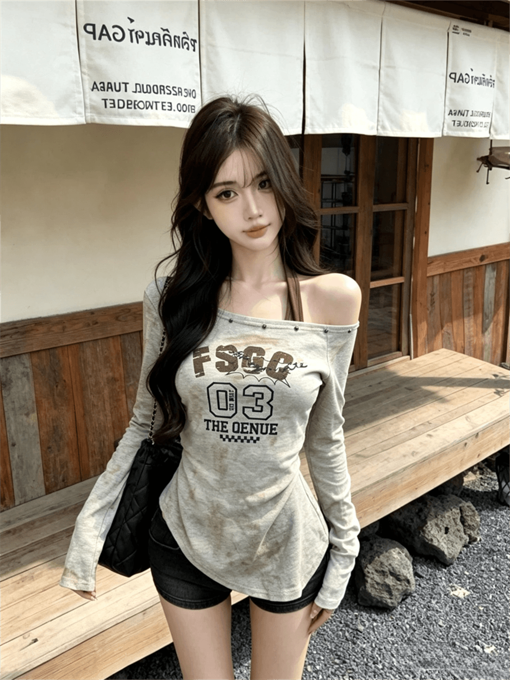 실사 가을 비스듬한 칼라 패치워크 행침 목 스타일 몸매 가꾸기 긴팔 불규칙 맨위 핫걸 펌프 Pleat 페이크 레이어드 티셔츠 이미지 2