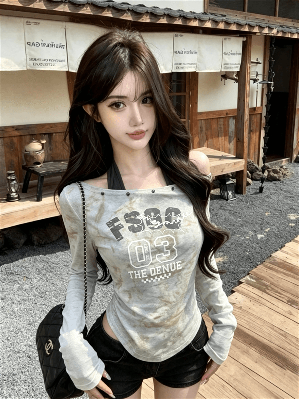 실사 가을 비스듬한 칼라 패치워크 행침 목 스타일 몸매 가꾸기 긴팔 불규칙 맨위 핫걸 펌프 Pleat 페이크 레이어드 티셔츠 이미지 4