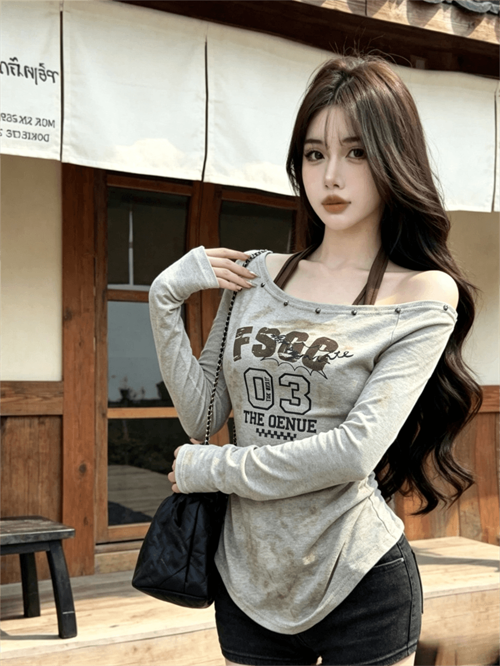 실사 가을 비스듬한 칼라 패치워크 행침 목 스타일 몸매 가꾸기 긴팔 불규칙 맨위 핫걸 펌프 Pleat 페이크 레이어드 티셔츠