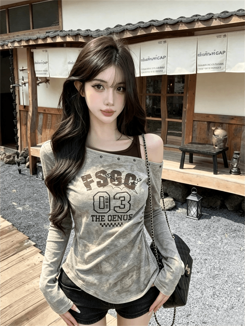 실사 가을 비스듬한 칼라 패치워크 행침 목 스타일 몸매 가꾸기 긴팔 불규칙 맨위 핫걸 펌프 Pleat 페이크 레이어드 티셔츠 이미지 3