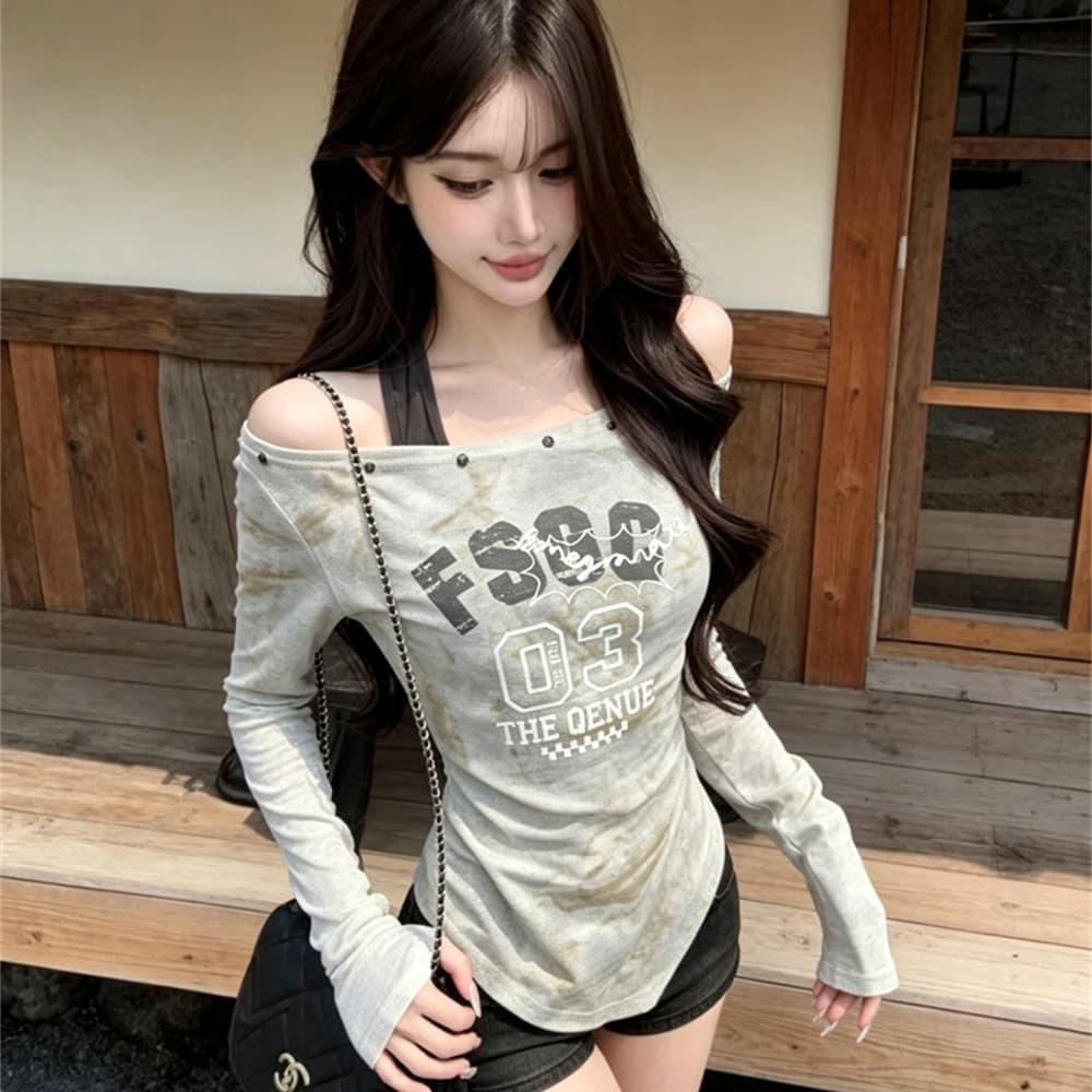 실사 가을 비스듬한 칼라 패치워크 행침 목 스타일 몸매 가꾸기 긴팔 불규칙 맨위 핫걸 펌프 Pleat 페이크 레이어드 티셔츠 이미지 5