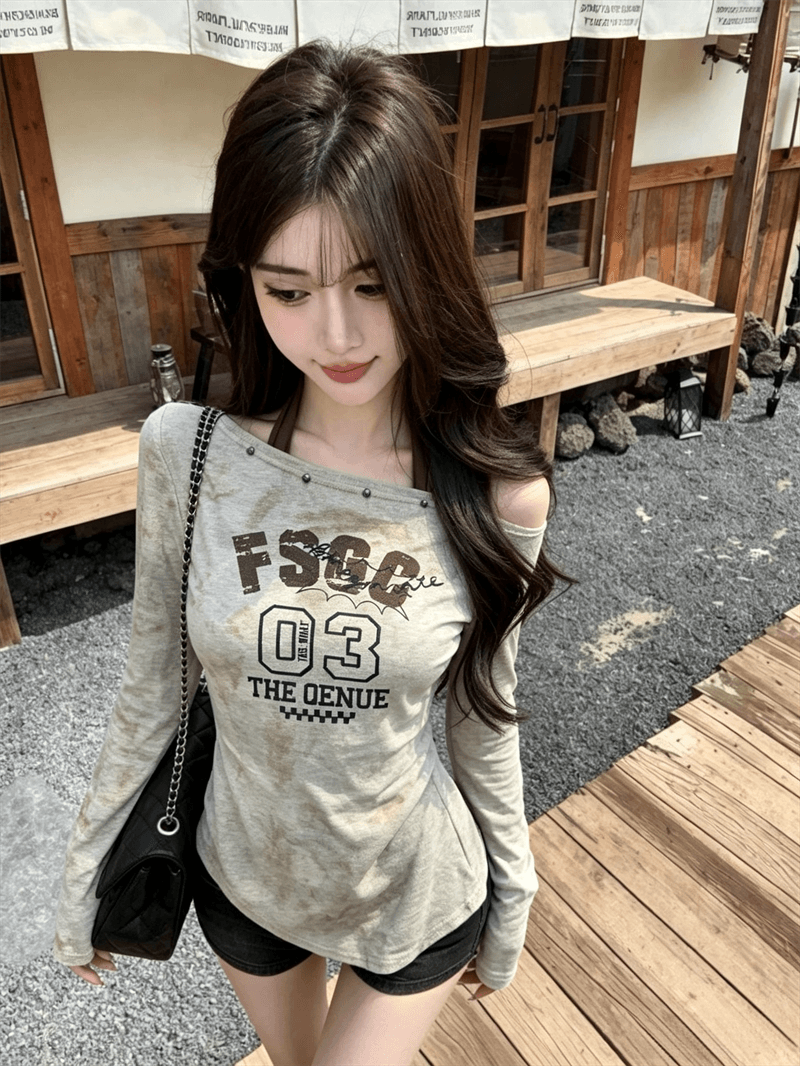 실사 가을 비스듬한 칼라 패치워크 행침 목 스타일 몸매 가꾸기 긴팔 불규칙 맨위 핫걸 펌프 Pleat 페이크 레이어드 티셔츠 상세 이미지 1