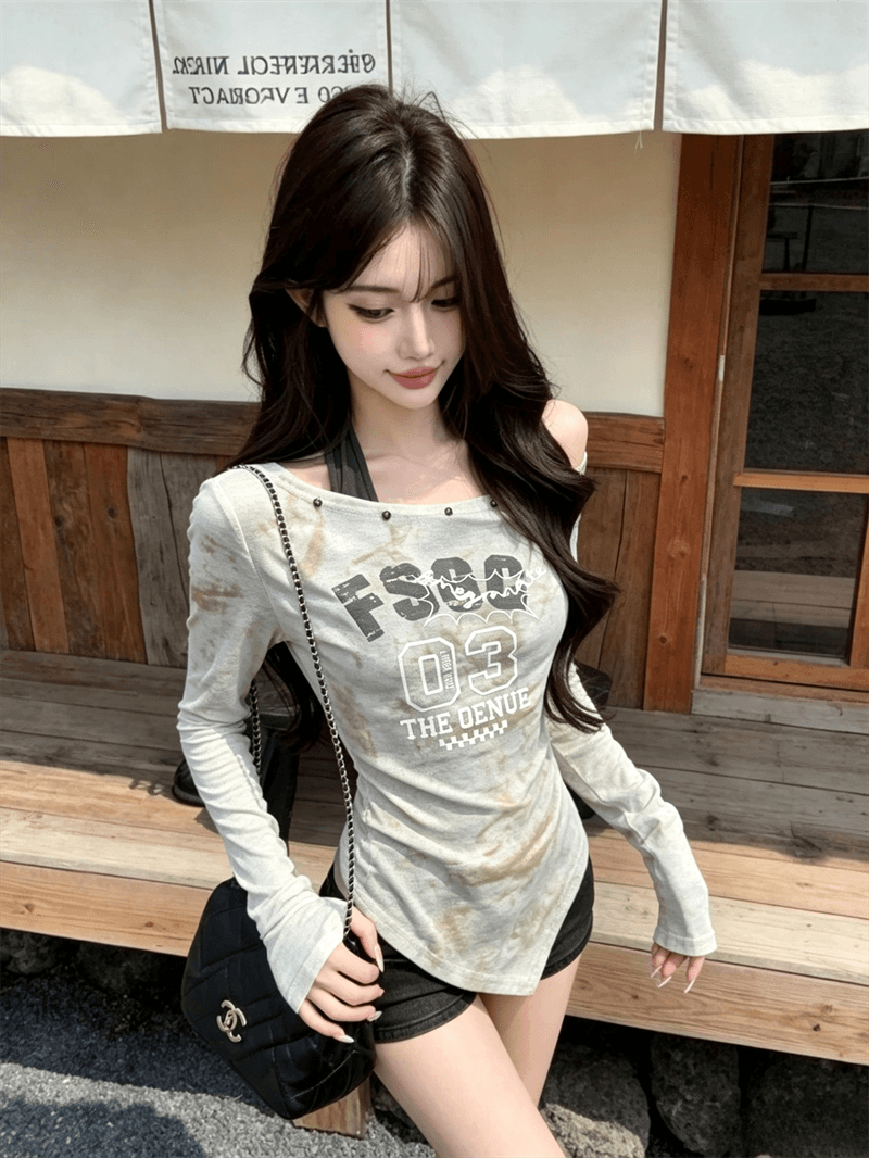 실사 가을 비스듬한 칼라 패치워크 행침 목 스타일 몸매 가꾸기 긴팔 불규칙 맨위 핫걸 펌프 Pleat 페이크 레이어드 티셔츠 상세 이미지 2