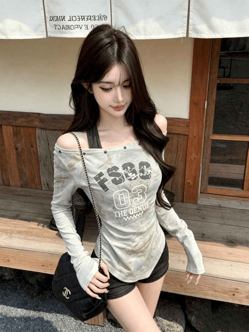 실사 가을 비스듬한 칼라 패치워크 행침 목 스타일 몸매 가꾸기 긴팔 불규칙 맨위 핫걸 펌프 Pleat 페이크 레이어드 티셔츠 상세 이미지 3