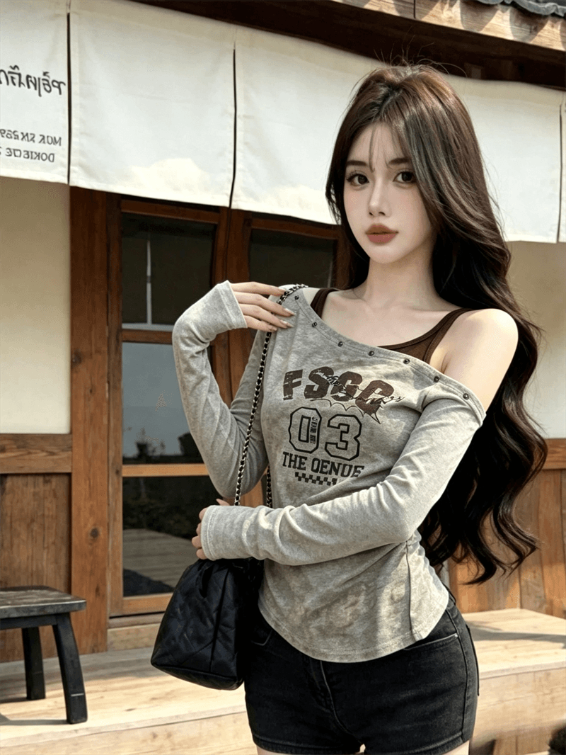 실사 가을 비스듬한 칼라 패치워크 행침 목 스타일 몸매 가꾸기 긴팔 불규칙 맨위 핫걸 펌프 Pleat 페이크 레이어드 티셔츠 상세 이미지 6